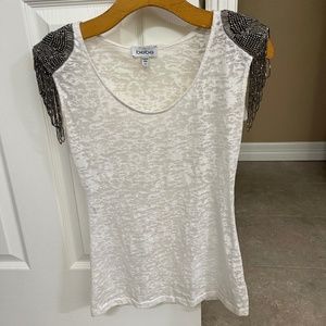 Bebe White Military Top with Metal Dangling Shoulders!